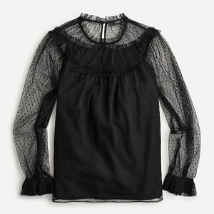 J.crew Black tulle blouse with ruffle detail, Size XS. Style AU258
